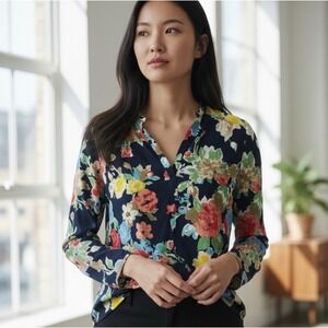 Lauren Ralph Lauren Womens XL Navy Floral Long Sleeve Split Neck Cotton Knit Top